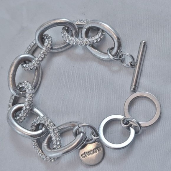 New Chico's Bold Silver Crystal Rhinestone Link Toggle Bracelet - Picture 2 of 4
